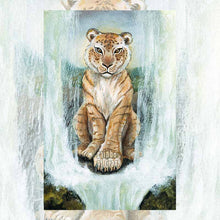 Load image into Gallery viewer, An art print of the Temperance tarot card from the animism tarot: a liger sits in between two waterfalls that flow together to become one
