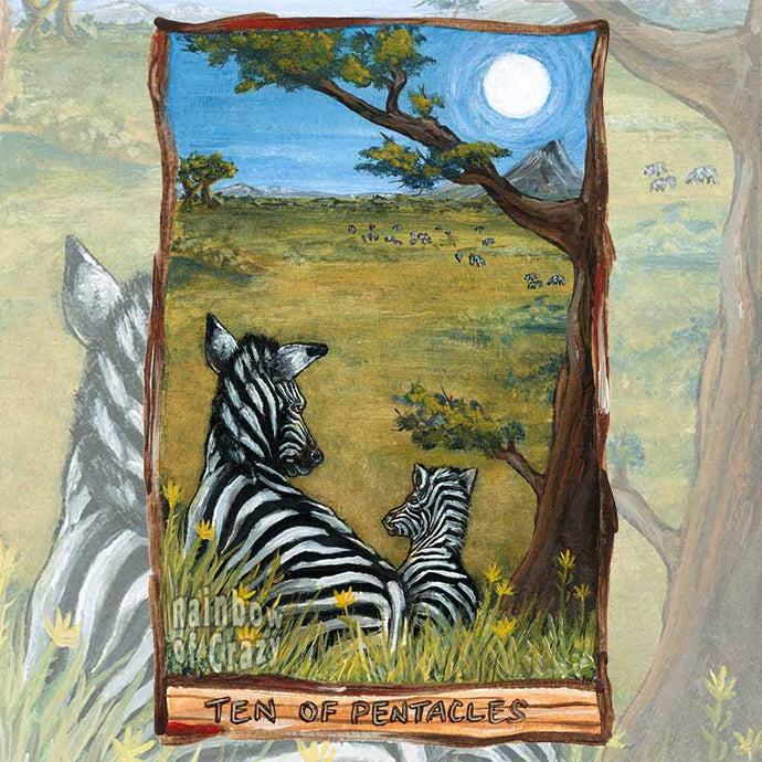 An art print of the ten of pentacles, from the Animism tarot: a zebra and its baby sit down, overlooking an African landscape