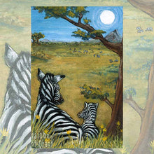 Load image into Gallery viewer, An art print of the ten of pentacles, from the Animism tarot: a zebra and its baby sit down, overlooking an African landscape
