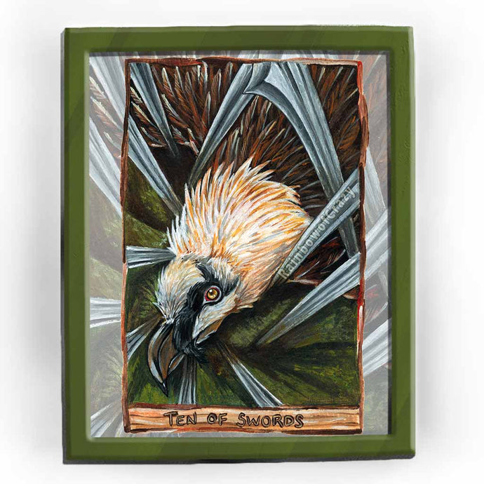 an art print of the ten of swords tarot card, from the animism tarot. a bearded vulture lies helpless under ten swords.