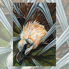 Load image into Gallery viewer, an art print of the ten of swords tarot card, from the animism tarot. a bearded vulture lies helpless under ten swords.
