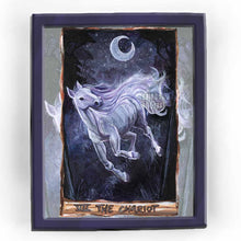 Load image into Gallery viewer, an art print of the chariot tarot card, from the animism tarot: a white horse runs through a dark forest while the crescent moon shines in the night sky
