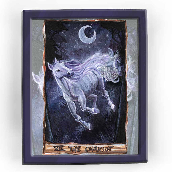 an art print of the chariot tarot card, from the animism tarot: a white horse runs through a dark forest while the crescent moon shines in the night sky