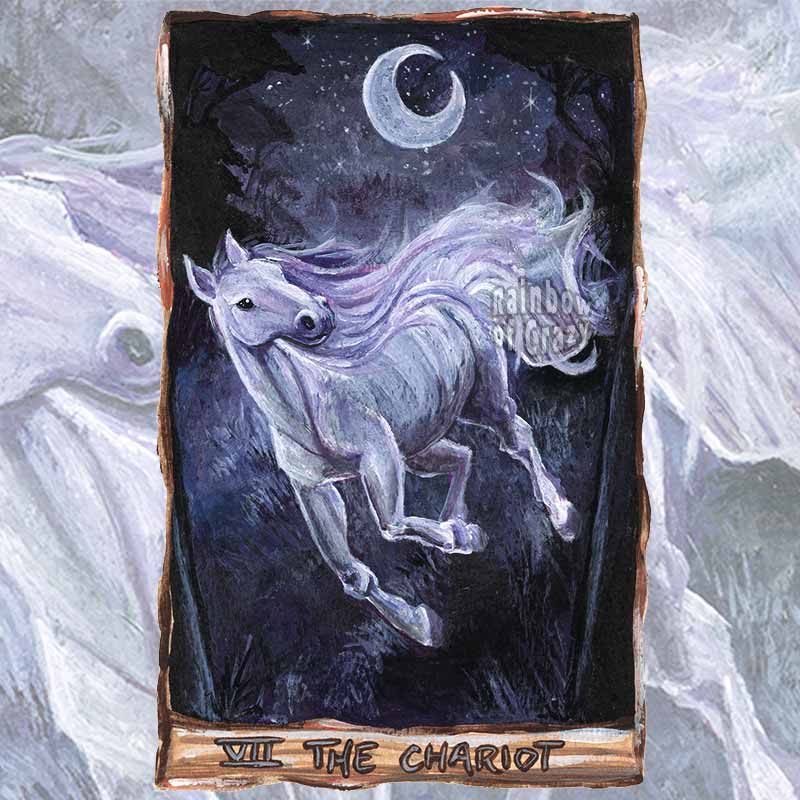 an art print of the chariot tarot card, from the animism tarot: a white horse runs through a dark forest while the crescent moon shines in the night sky