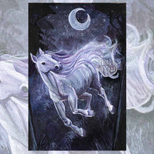 Load image into Gallery viewer, an art print of the chariot tarot card, from the animism tarot: a white horse runs through a dark forest while the crescent moon shines in the night sky
