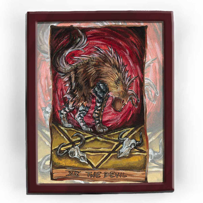 an art print of the devil tarot card, from the animism tarot deck: a brown hyena stands over an inverted pentagram, with two cow skulls at its feet..