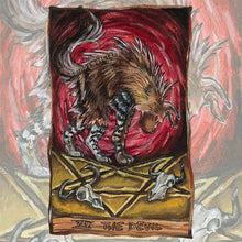 Load image into Gallery viewer, an art print of the devil tarot card, from the animism tarot deck: a brown hyena stands over an inverted pentagram, with two cow skulls at its feet.
