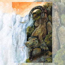 Load image into Gallery viewer, an art print of the emperor tarot card, from the animism tarot: a komodo dragon stands neat the top of a waterfall, looking over the land.
