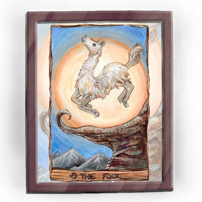 The Fool tarot card from the Animism Tarot: a llama leaps for joy near at the edge of a cliff.