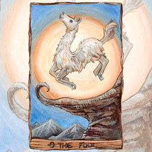 Load image into Gallery viewer, The Fool tarot card from the Animism Tarot: a llama leaps for joy near at the edge of a cliff.
