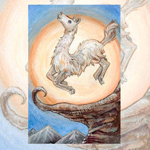 Load image into Gallery viewer, The Fool tarot card from the Animism Tarot: a llama leaps for joy near at the edge of a cliff.
