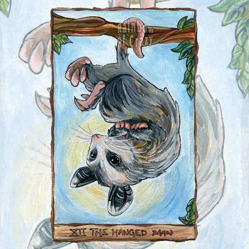 an art print of the hanged man tarot card, from the animism tarot: an opossum hangs upside down from a tree branch.