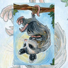 Load image into Gallery viewer, an art print of the hanged man tarot card, from the animism tarot: an opossum hangs upside down from a tree branch.
