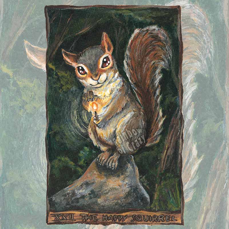 An art print of the happy squirrel tarot card, from the animism tarot: a mischievous looking squirrel sits on a rock in the forest, a lit match in hand.