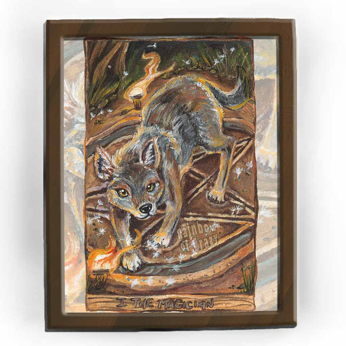 an art print of the magician card from the animism tarot, featuring a coyote surrounded by the four elements.