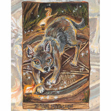 Load image into Gallery viewer, an art print of the magician card from the animism tarot, featuring a coyote surrounded by the four elements.

