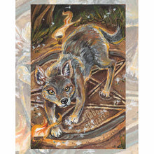 Load image into Gallery viewer, an art print of the magician card from the animism tarot, featuring a coyote surrounded by the four elements.
