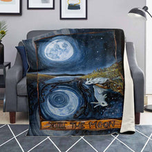 Load image into Gallery viewer, A micro-mink blanket lined with microfiber fleece, featuring a print of The Moon card, from The Animism Tarot: A white rabbit peers into a strange reflection in the water.. the moon and reflections shine differently
