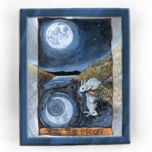Load image into Gallery viewer, an art print of The Moon tarot card, shows an illustration of a white rabbit looking down at the water with a full moon above, and a crescent moon in the reflection
