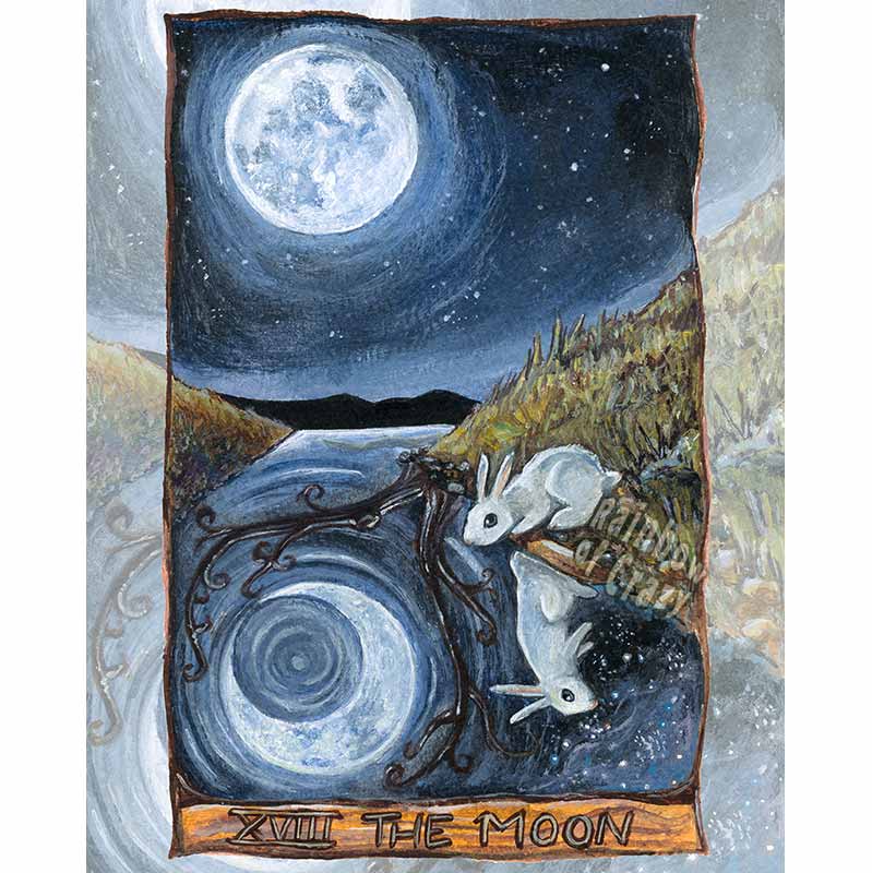 an art print of The Moon tarot card, shows an illustration of a white rabbit looking down at the water with a full moon above, and a crescent moon in the reflection