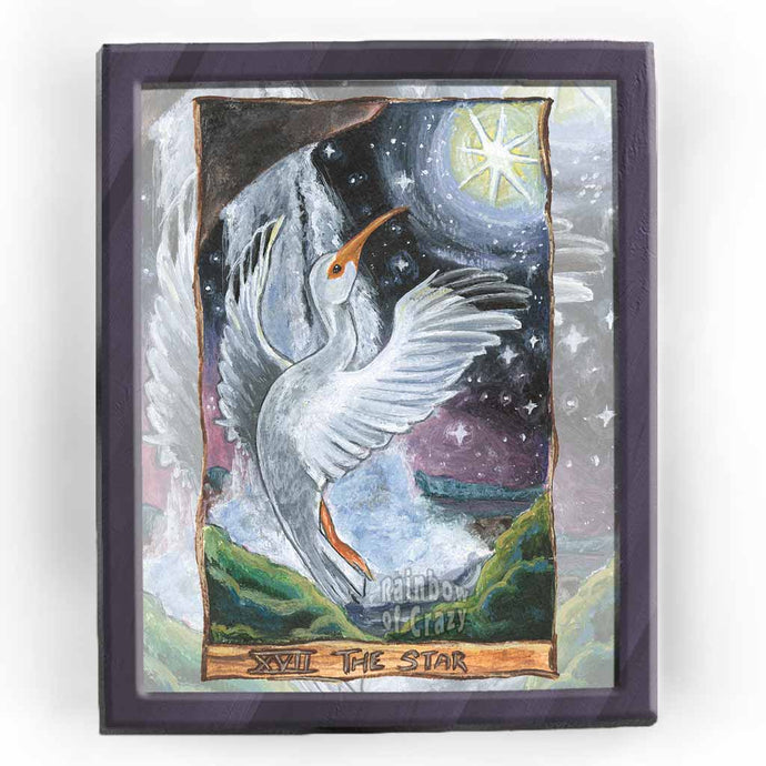 This art print features The Star card from the Animism Tarot: an ibis rises up from under the base of a waterfall. The Star shines high in the night sky.
