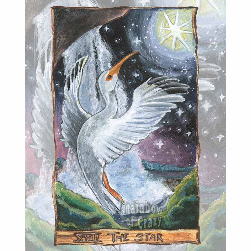 This art print features The Star card from the Animism Tarot: an ibis rises up from under the base of a waterfall. The Star shines high in the night sky.