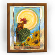Load image into Gallery viewer, This art print features The Sun tarot card from the Animism Tarot: a beautiful rooster stands tall, crowing, as the sun shines from above and sunflowers grow below
