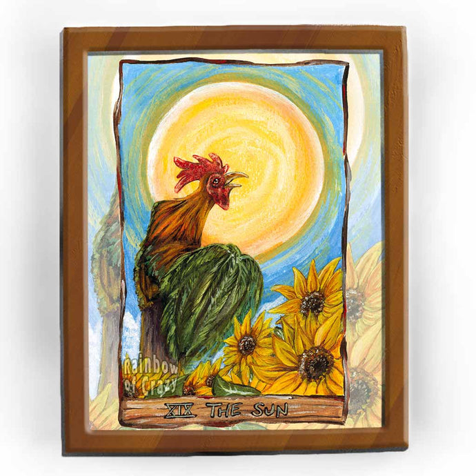 This art print features The Sun tarot card from the Animism Tarot: a beautiful rooster stands tall, crowing, as the sun shines from above and sunflowers grow below
