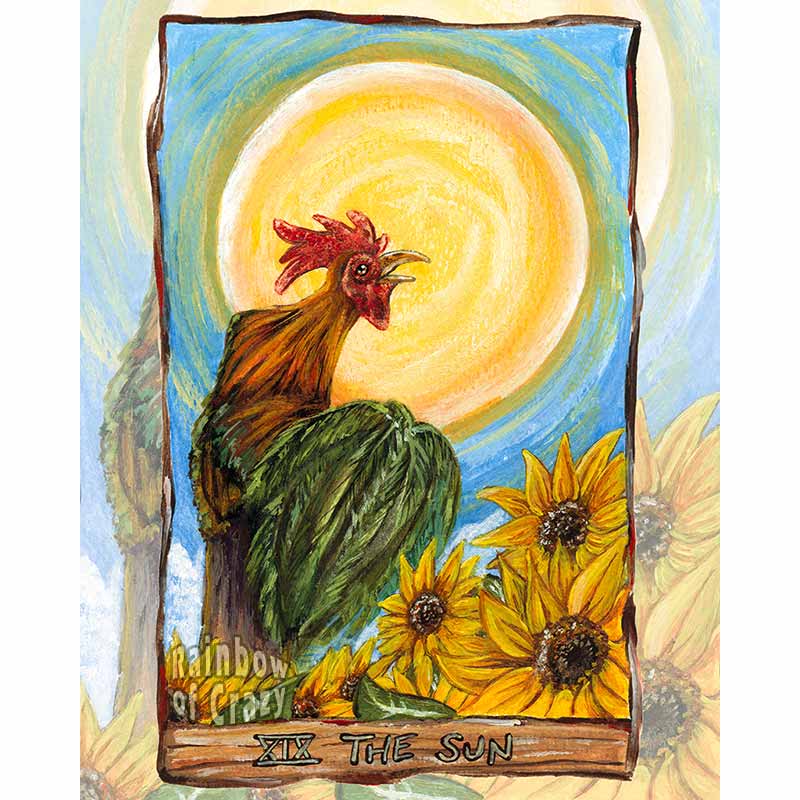 This art print features The Sun tarot card from the Animism Tarot: a beautiful rooster stands tall, crowing, as the sun shines from above and sunflowers grow below