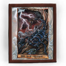 Load image into Gallery viewer, This art print features The Tower card from the Animism Tarot: a scorpion stands at the base of a twisted tree, ready to strike. The dark sky glows a slight red as lightning strikes the earth
