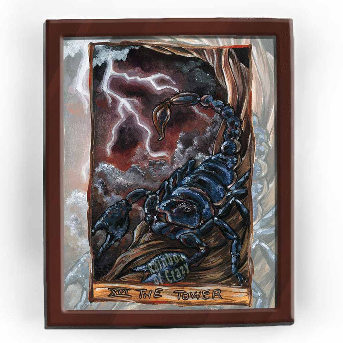 This art print features The Tower card from the Animism Tarot: a scorpion stands at the base of a twisted tree, ready to strike. The dark sky glows a slight red as lightning strikes the earth
