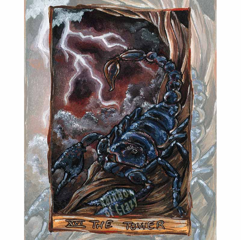This art print features The Tower card from the Animism Tarot: a scorpion stands at the base of a twisted tree, ready to strike. The dark sky glows a slight red as lightning strikes the earth