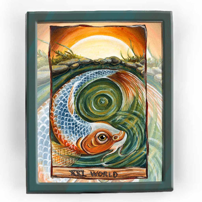This art print features The World tarot card, from The Animism Tarot: a beautiful koi fish swims in a circle, in the green waters of a rocky pond as the sun sets.