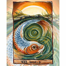 Load image into Gallery viewer, This art print features The World tarot card, from The Animism Tarot: a beautiful koi fish swims in a circle, in the green waters of a rocky pond as the sun sets.
