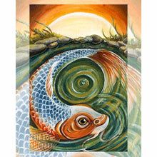 Load image into Gallery viewer, This art print features The World tarot card, from The Animism Tarot: a beautiful koi fish swims in a circle, in the green waters of a rocky pond as the sun sets.
