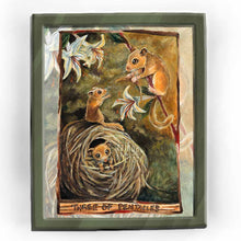 Load image into Gallery viewer, An art print of the Three of Pentacles card from the Animism Tarot. It shows a family of dormouse, surrounded by honeysuckle flowers, working together to build a nest.
