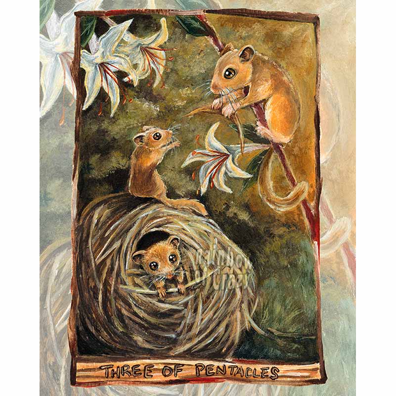An art print of the Three of Pentacles card from the Animism Tarot. It shows a family of dormouse, surrounded by honeysuckle flowers, working together to build a nest.