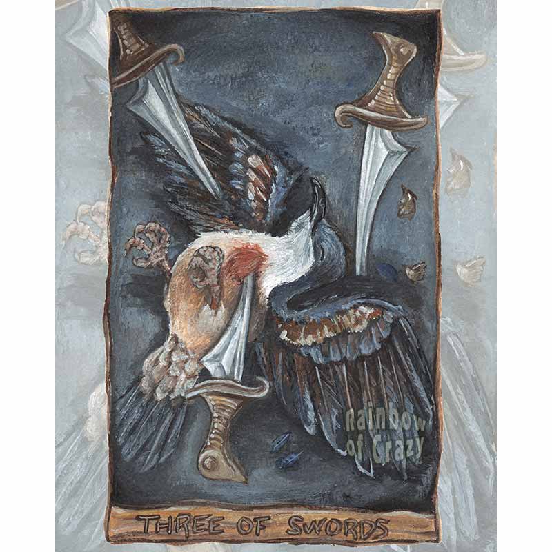 This art print features the Three of Swords tarot card from the Animism Tarot: a bleeding heart dove lies on the ground, defeated, as one sword pierces through its chest, one through its wing, and one stands near its head