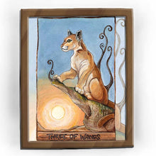 Load image into Gallery viewer, the three of wands from the animism tarot deck: a cougar sits off to of a cliff and looks out into the distance.
