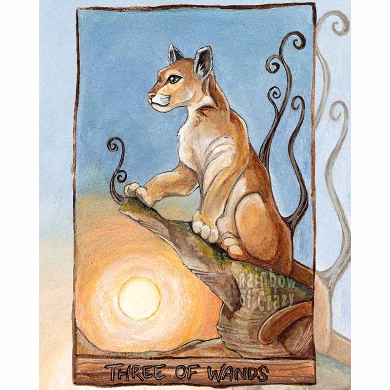 the three of wands from the animism tarot deck: a cougar sits off to of a cliff and looks out into the distance.