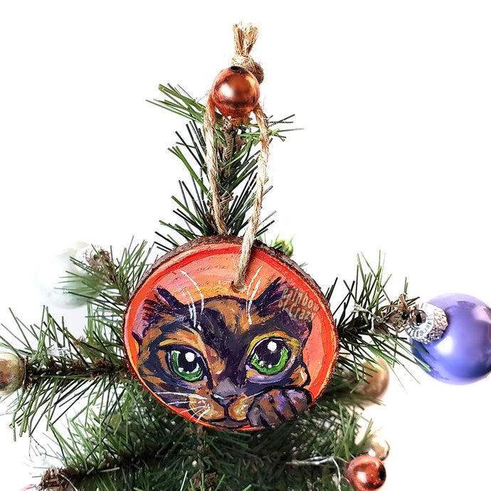 A wood Christmas tree ornament, hand painted with art of a tortoiseshell cat, with green eyes, in front of a red and pink background