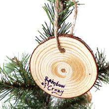Load image into Gallery viewer, The back of a wood Christmas ornament, signed with, Rainbow of Crazy
