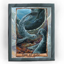 Load image into Gallery viewer, This art print features the Two of Cups tarot card from the Animism Tarot: two curious seal have their first encounter, deep in a cave in the ocean.
