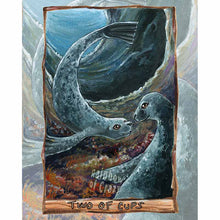 Load image into Gallery viewer, This art print features the Two of Cups tarot card from the Animism Tarot: two curious seal have their first encounter, deep in a cave in the ocean. 
