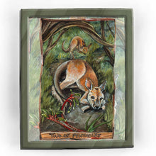 Load image into Gallery viewer, This art print features the Two of Pentacles card from the Animism Tarot: a kangaroo rests on the forest floor, as her baby bounces on top of her in joy. Two kangaroo paw flowers grow nearby.
