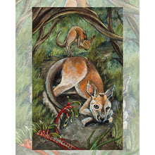 Load image into Gallery viewer, This art print features the Two of Pentacles card from the Animism Tarot: a kangaroo rests on the forest floor, as her baby bounces on top of her in joy. Two kangaroo paw flowers grow nearby. 
