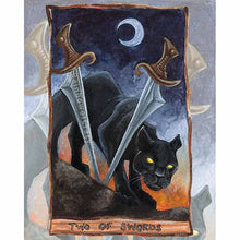 Load image into Gallery viewer, This art print features the Two of Swords card from the Animism Tarot: a black panther is blind, seemingly trapped behind two swords. The crescent moon sits high in the sky as the sunlight starts to rise
