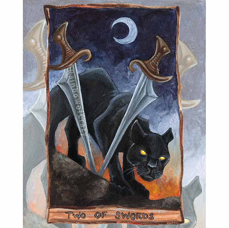 This art print features the Two of Swords card from the Animism Tarot: a black panther is blind, seemingly trapped behind two swords. The crescent moon sits high in the sky as the sunlight starts to rise