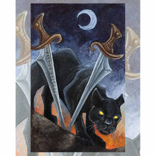Load image into Gallery viewer, This art print features the Two of Swords card from the Animism Tarot: a black panther is blind, seemingly trapped behind two swords. The crescent moon sits high in the sky as the sunlight starts to rise
