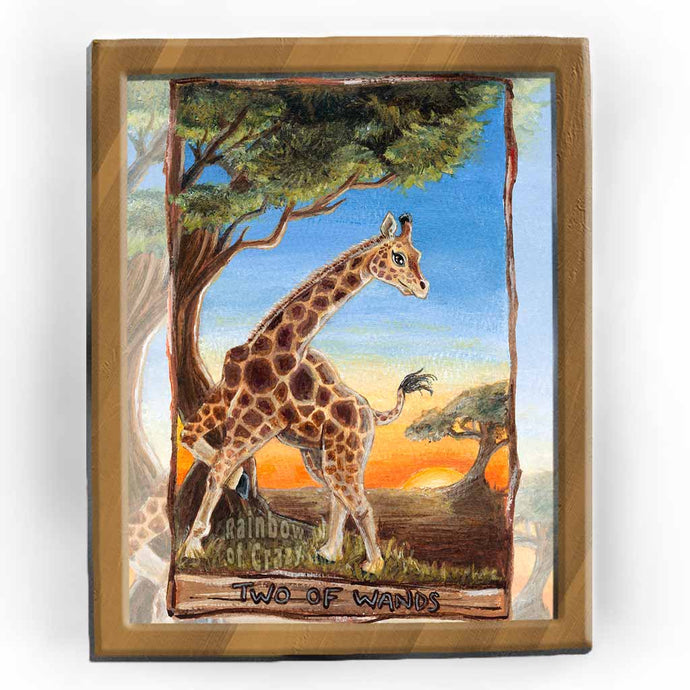 This art print features the Two of Wands card from the Animism Tarot: a giraffe stands near a tree, looking over its home. The sun rises in the distance near a second tree